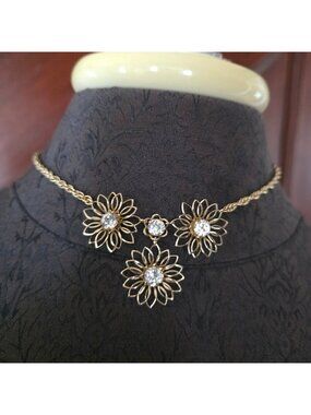 Gold-Tone Floral Necklace With Crystal Accents 16 Inches Delicate Chain